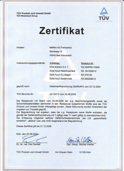 德国tüv无毒级产品认证证书 - 德国都芳漆有限